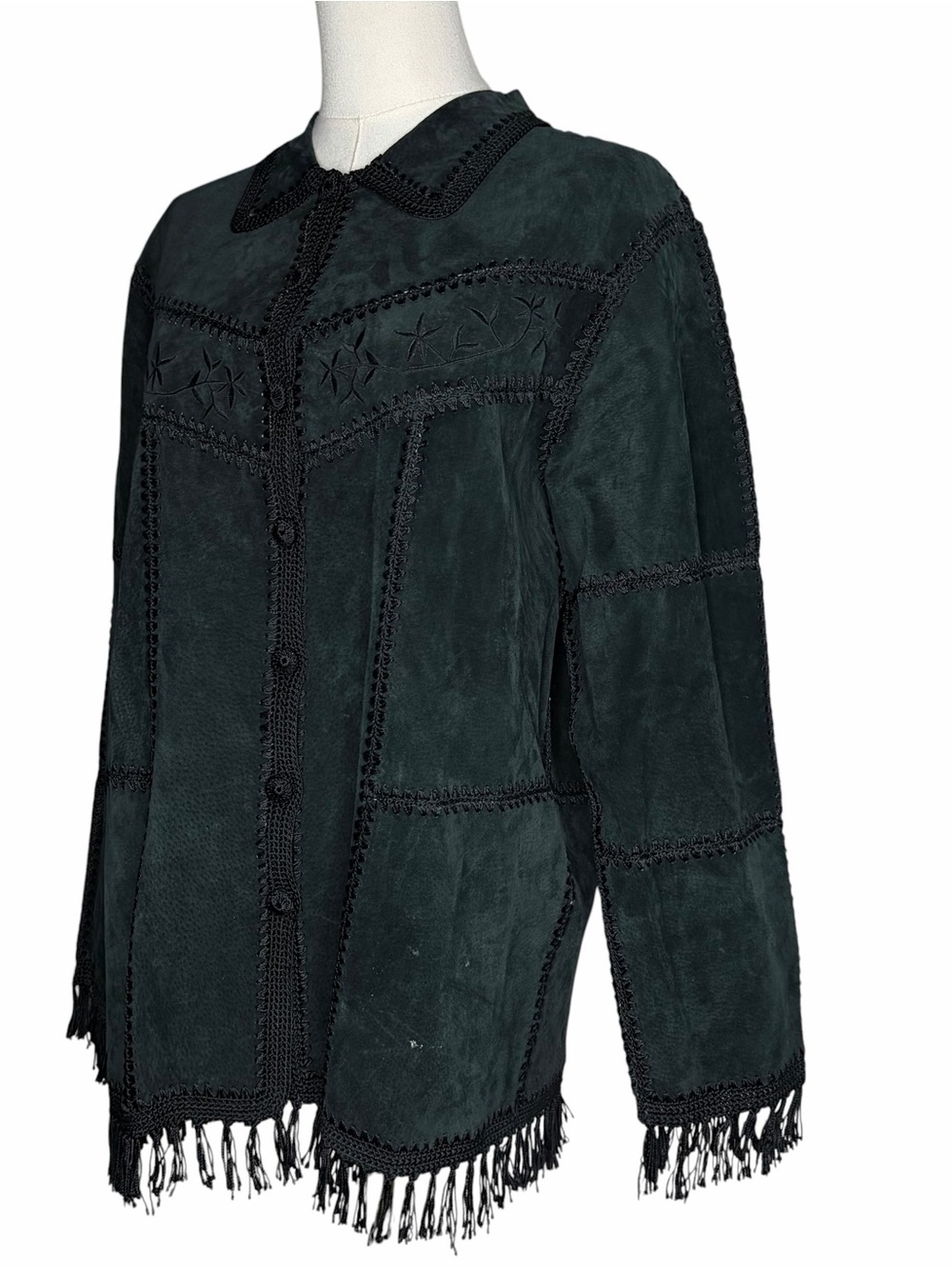 Vintage Y2K Black Suede Fringe Patchwork Jacket Western Cowboy Retro Boho Size M